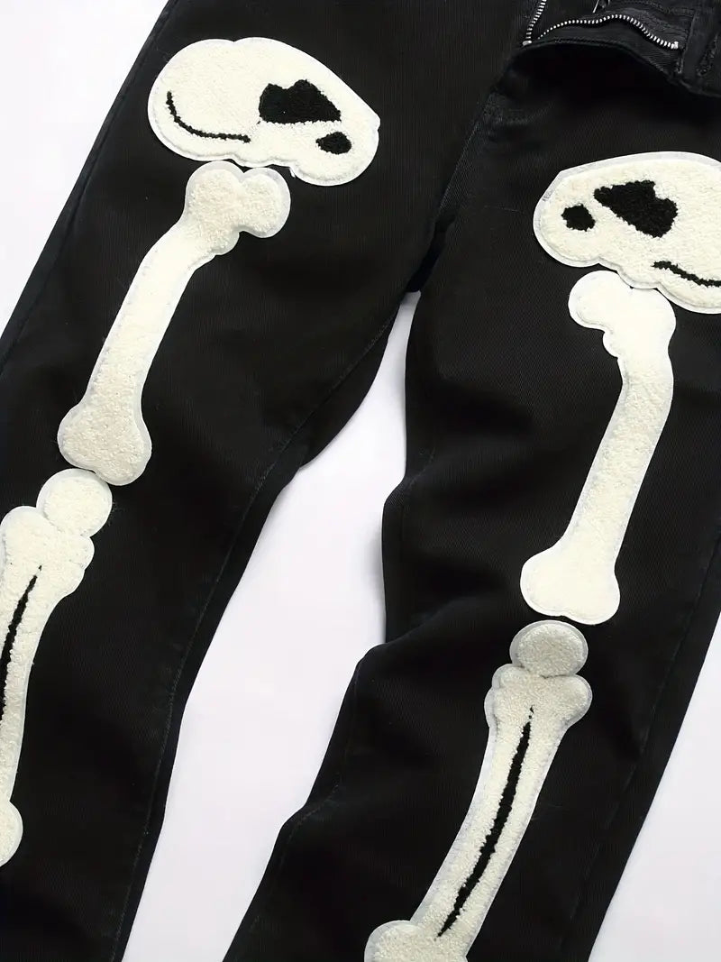Slim Fit Skeleton Pattern Jeans, Men's Casual Street Style Medium Stretch Denim Pants For All Seasons