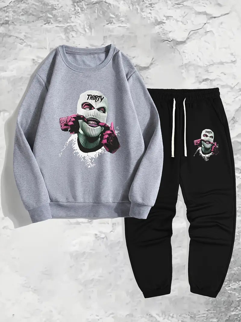 Men's Simple Style Casual Pajamas Sets, Drill Man Graphic Print Long Sleeve Crew Neck Sweatshirt Top & Loose Sweatpants Trendy Trousers With Pocket Drawstring Elastic, Outdoor Sets For Spring Autumn