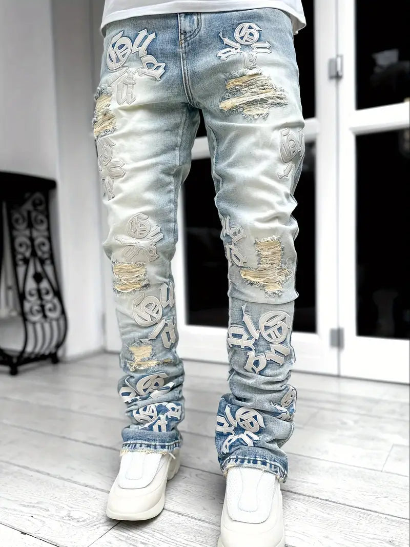 Men's Casual Letter Patchwork Skinny Jeans, Vintage Style Ripped Denim Pants