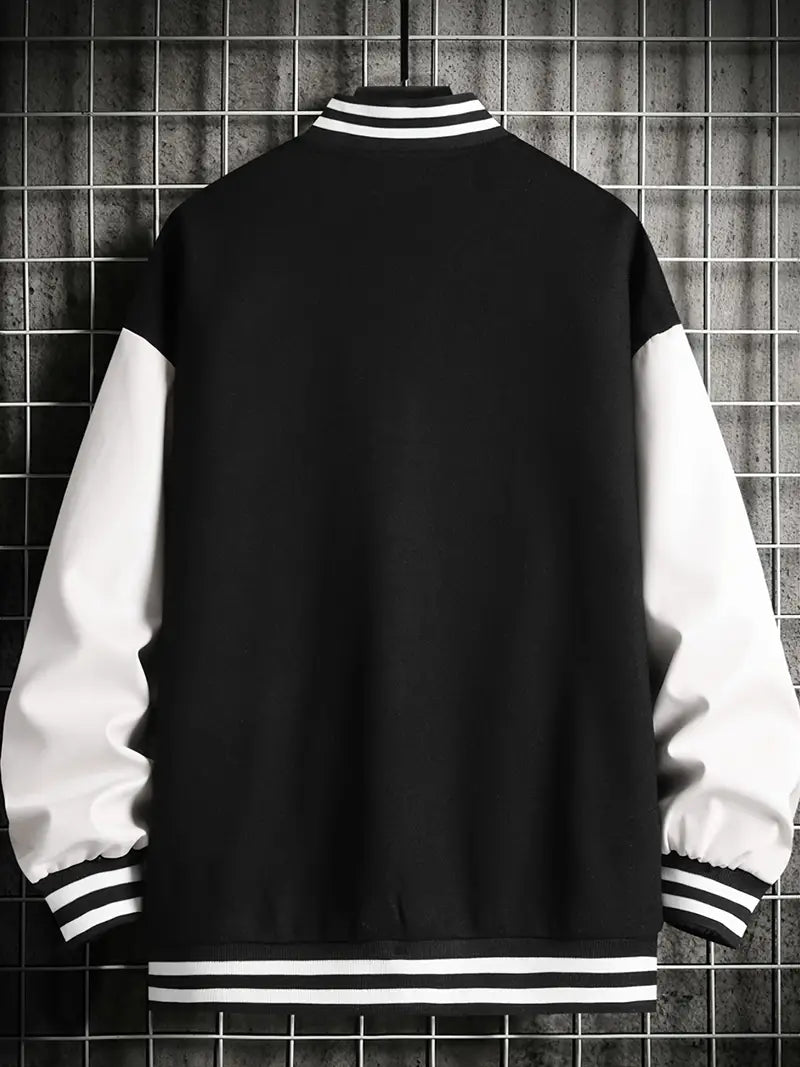 Men's Stand Collar Casual Loose Sports Jacket Color Block "A" Letter Embroidery Button Pocket Coat Top Clothes