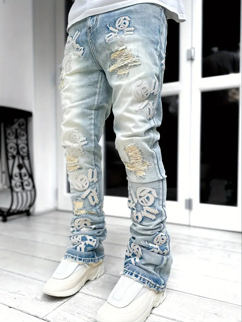 Men's Casual Letter Patchwork Skinny Jeans, Vintage Style Ripped Denim Pants