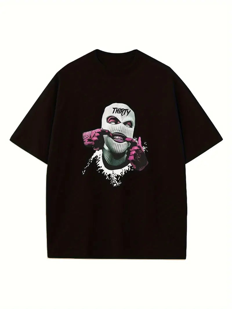 Masked Man Print, Men's Graphic T-shirt, Casual Comfy Tees For Summer, Mens Clothing