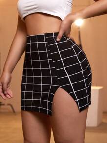 SXY Grid Plaid Split Side Bodycon Skirt