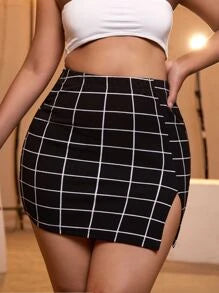 SXY Grid Plaid Split Side Bodycon Skirt