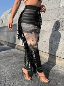 SXY Dollar Print Fringe Trim Pencil Skirt