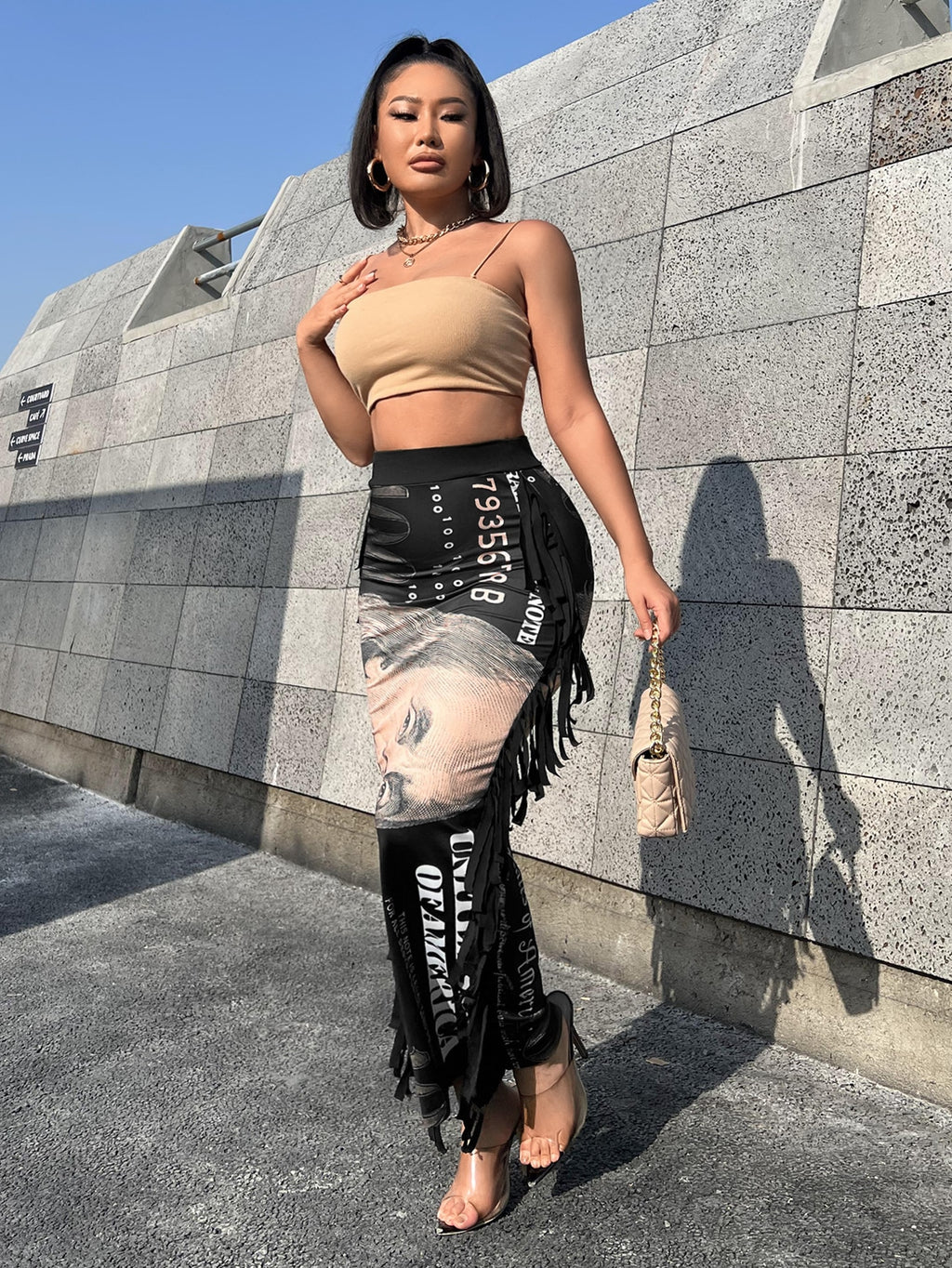 SXY Dollar Print Fringe Trim Pencil Skirt
