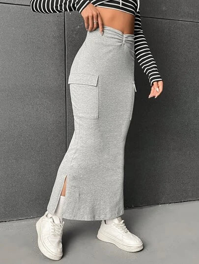 SXY Ruched Flap Pocket Split Hem Skirt
