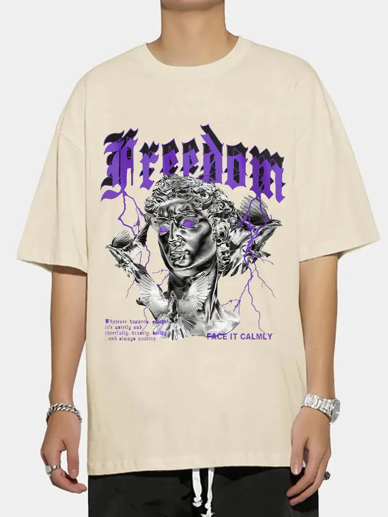 Men's Retro Purple David Sculpture Graphic Novelty T-Shirt - Casual Summer Tee with Oversized Fit and Crew Neck