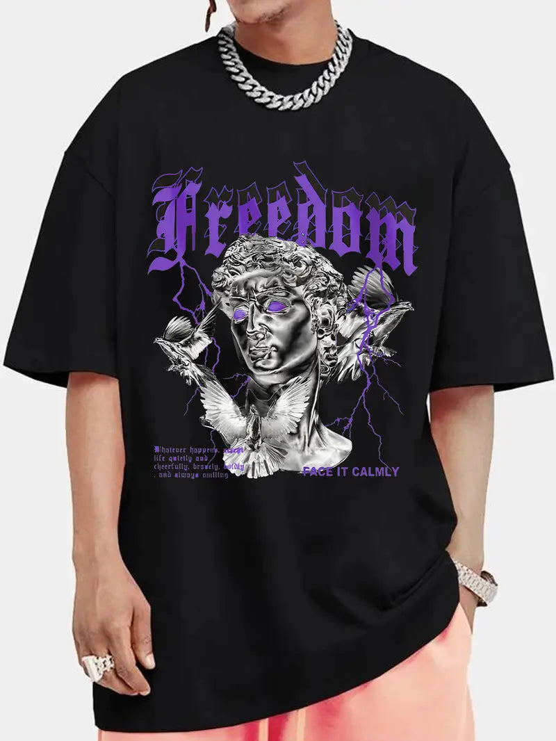Men's Retro Purple David Sculpture Graphic Novelty T-Shirt - Casual Summer Tee with Oversized Fit and Crew Neck