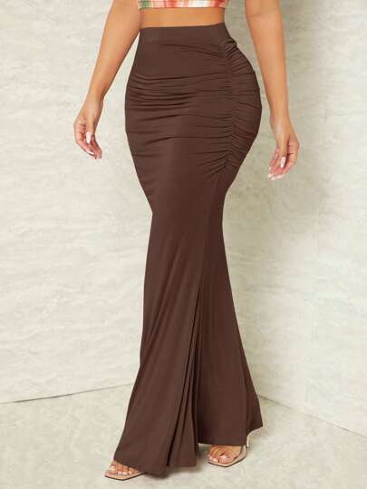 SXY Ruched Flap Pocket Split Hem Skirt