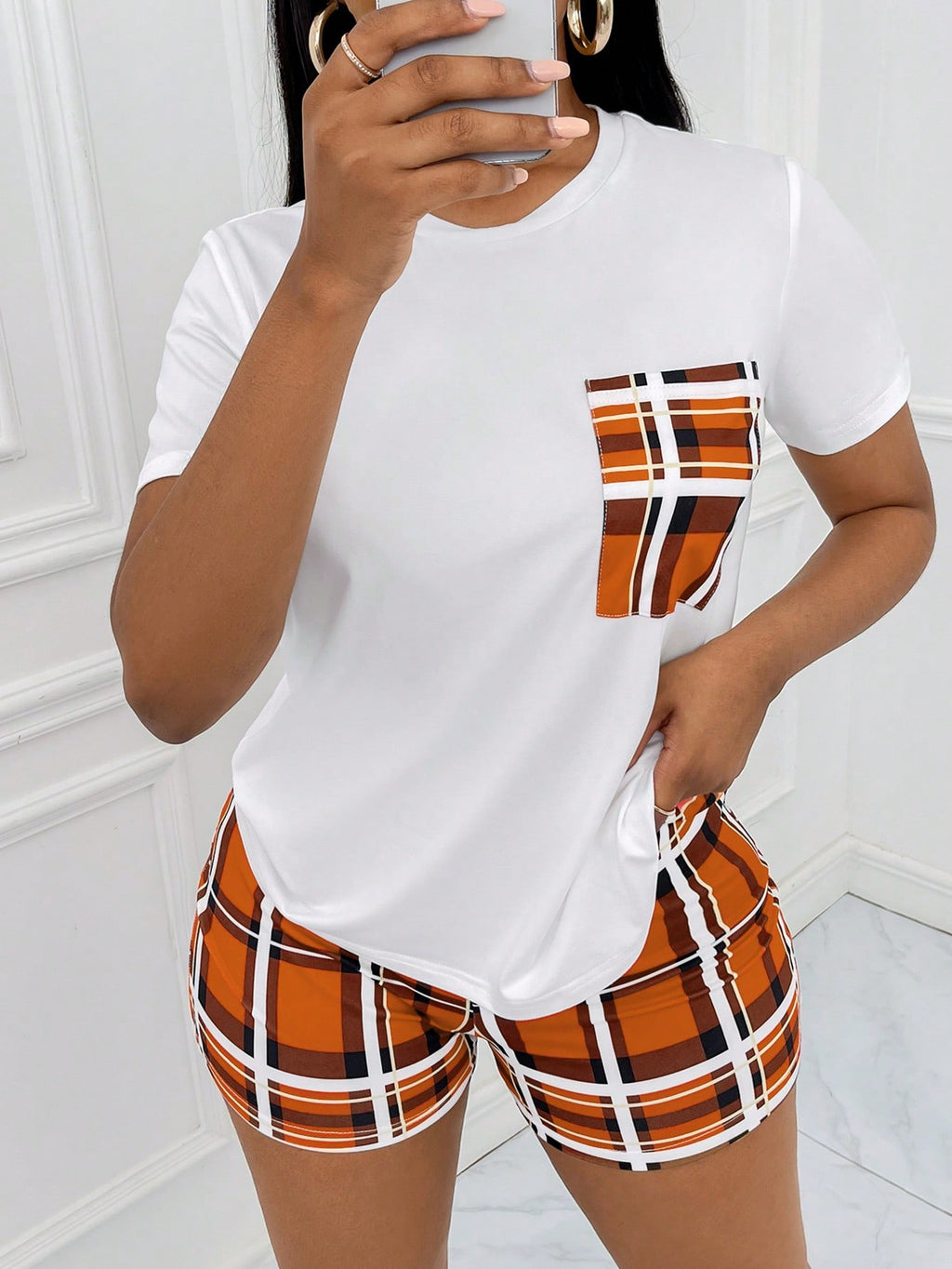 Slayr Plaid Print Pocket Patched Tee & Shorts