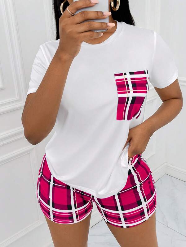 Slayr Plaid Print Pocket Patched Tee & Shorts