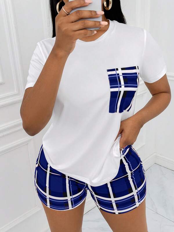 Slayr Plaid Print Pocket Patched Tee & Shorts
