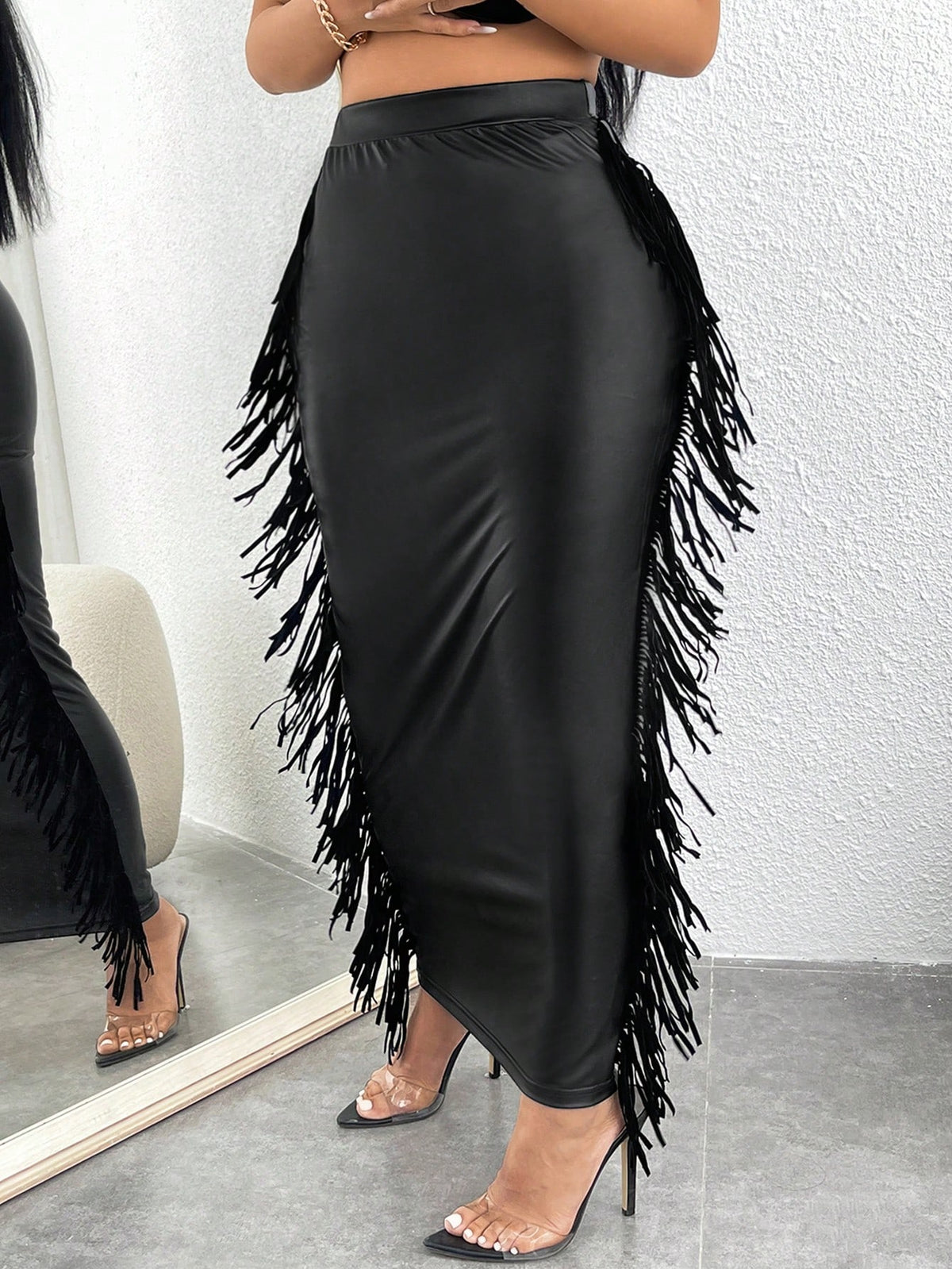SXY Fringe Trim PU Leather Pencil Skirt