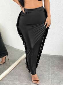 SXY Fringe Trim PU Leather Pencil Skirt
