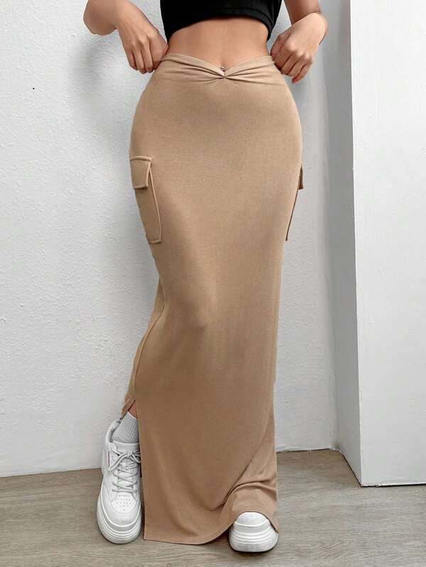 SXY Ruched Flap Pocket Split Hem Skirt