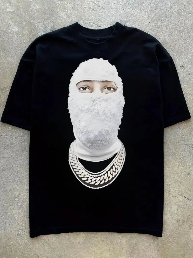 Crew Neck Man With Mask Print Men's Fashionable Summer Short Sleeve Sports T-shirt, Comfortable And Versatile