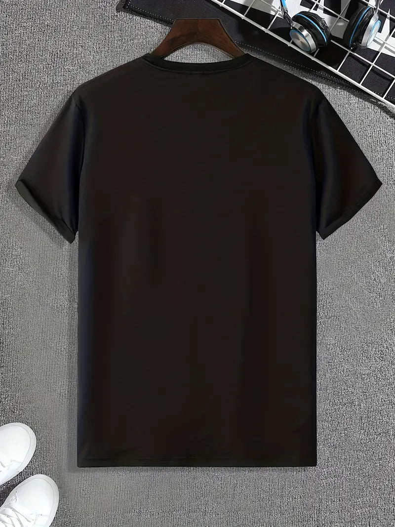 Crew Neck Man With Mask Print Men's Fashionable Summer Short Sleeve Sports T-shirt, Comfortable And Versatile
