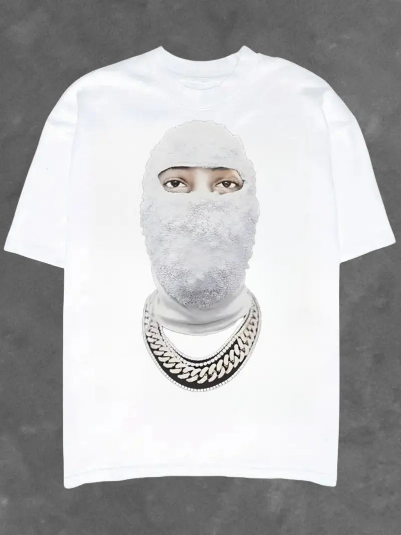 Crew Neck Man With Mask Print Men's Fashionable Summer Short Sleeve Sports T-shirt, Comfortable And Versatile