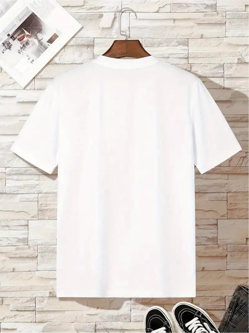 Crew Neck Man With Mask Print Men's Fashionable Summer Short Sleeve Sports T-shirt, Comfortable And Versatile