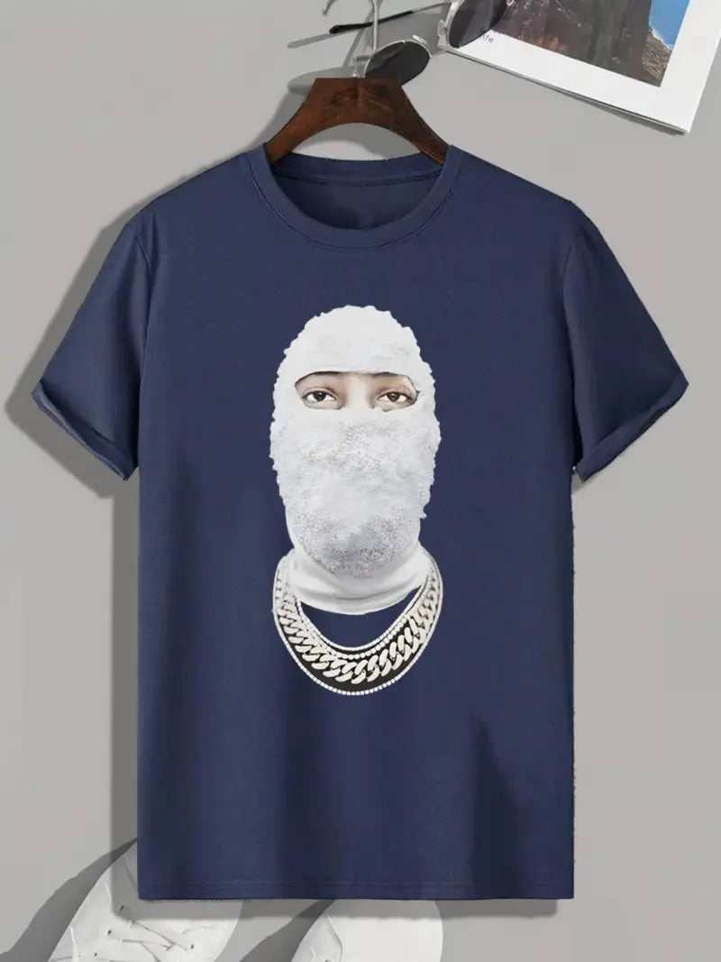 Crew Neck Man With Mask Print Men's Fashionable Summer Short Sleeve Sports T-shirt, Comfortable And Versatile