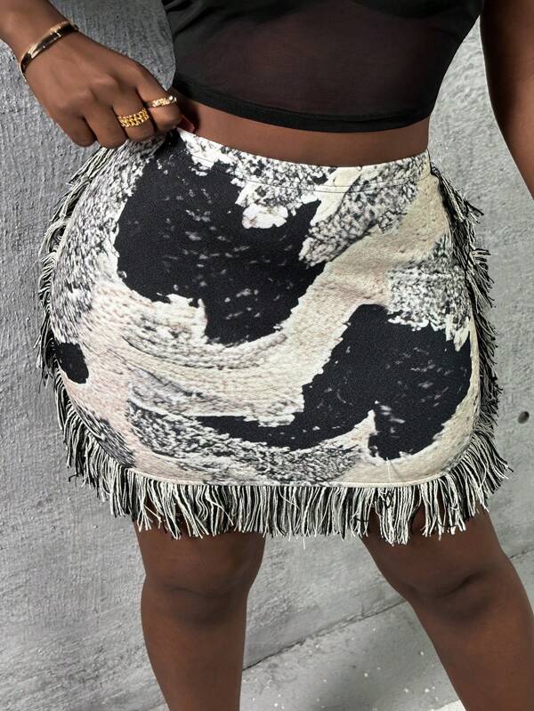 Slayr Women's Printed Fringed Wrap Hip Knee-length Skirt