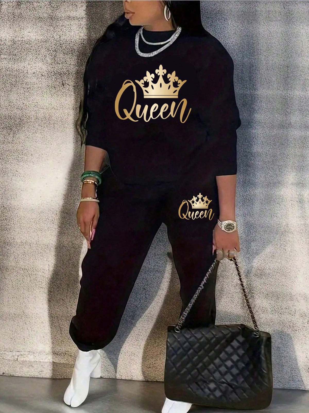 Slayr 2pcsset Crown & Letter Printed Sweatshirt Two-piece Outfit
