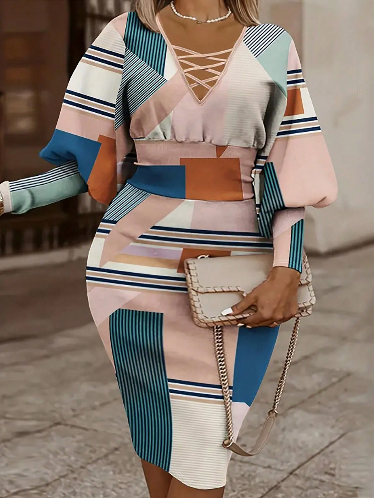 Plus Size Printed Patchwork Lantern Sleeve Dress