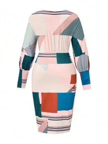 Plus Size Printed Patchwork Lantern Sleeve Dress