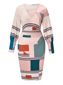 Plus Size Printed Patchwork Lantern Sleeve Dress