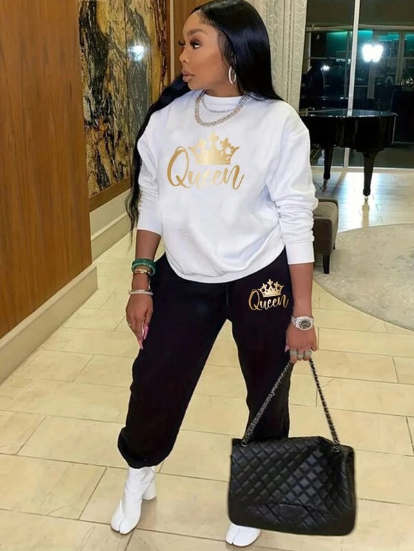 Slayr 2pcsset Crown & Letter Printed Sweatshirt Two-piece Outfit