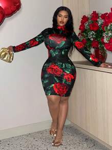 Slayr Plus Size Rose Pattern High Neck Bodycon Dress