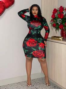 Slayr Plus Size Rose Pattern High Neck Bodycon Dress