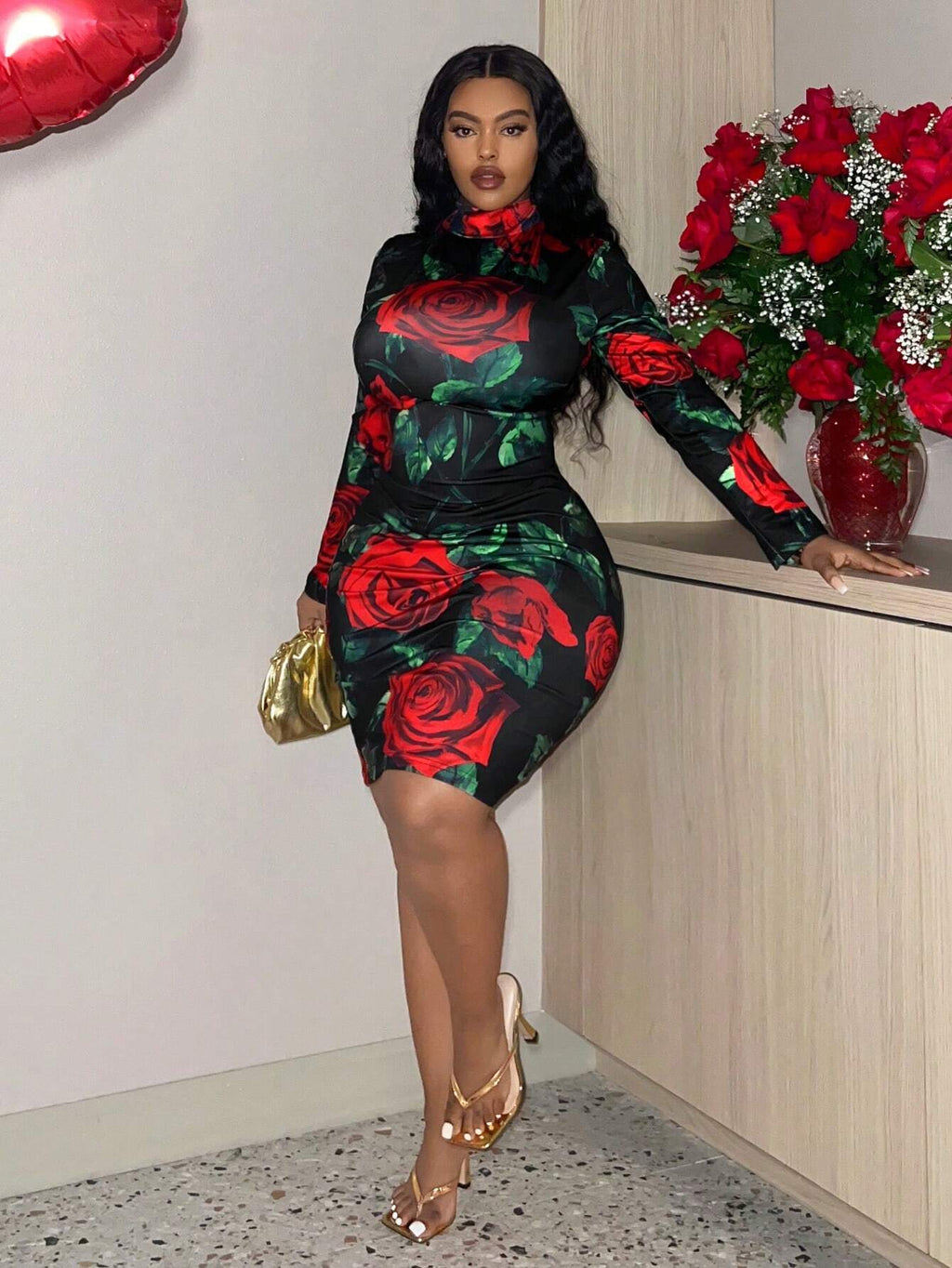 Slayr Plus Size Rose Pattern High Neck Bodycon Dress