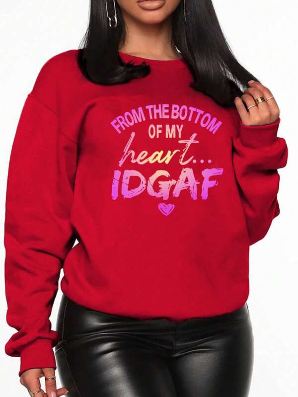 Women'S Plus Size Letter Printed Sweatshirt With Round Neck