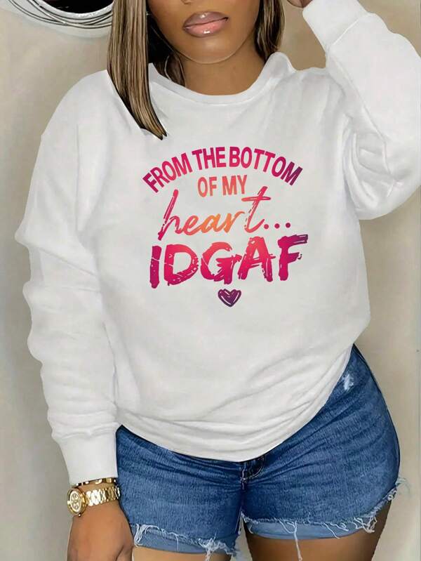 Women'S Plus Size Letter Printed Sweatshirt With Round Neck