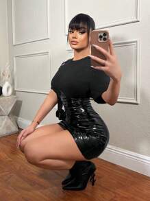 SXY Sexy Outfits Club Women'S High Waisted Belted Pu Leather Mini Skirt