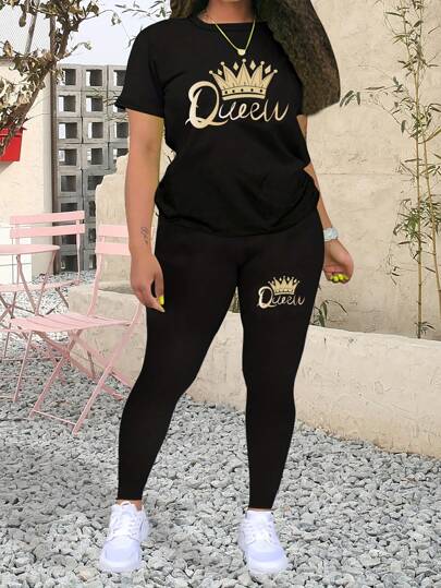 Slayr 2pcsset Crown & Letter Printed Sweatshirt Two-piece Outfit