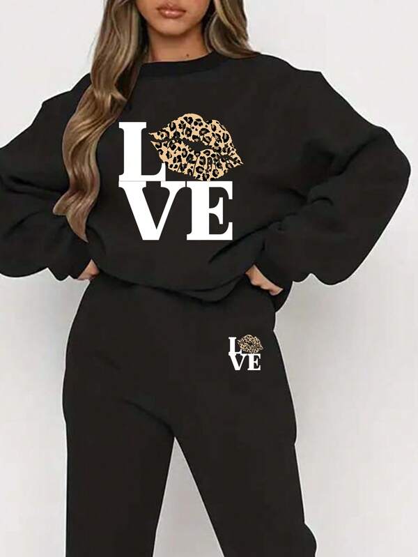 Slayr 2pcsset Crown & Letter Printed Sweatshirt Two-piece Outfit