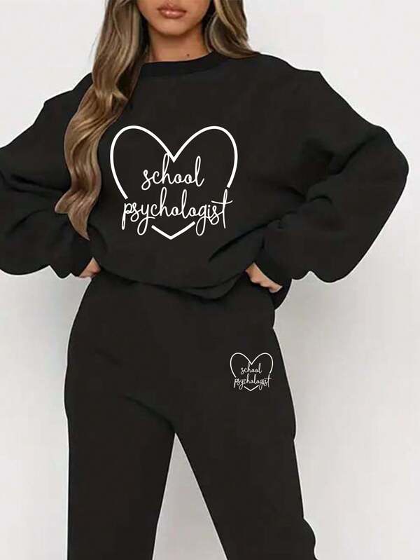Slayr 2pcsset Crown & Letter Printed Sweatshirt Two-piece Outfit