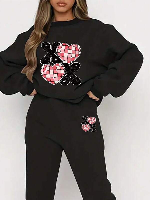 Slayr 2pcsset Crown & Letter Printed Sweatshirt Two-piece Outfit