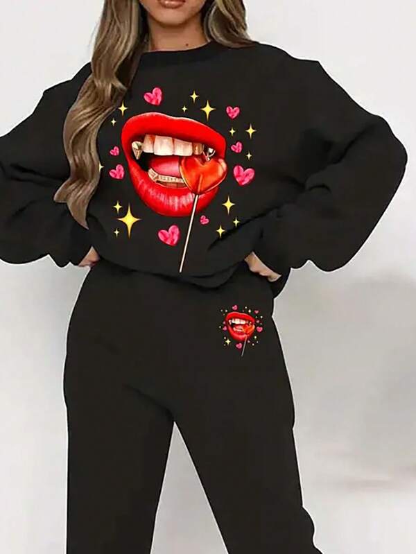 Slayr 2pcsset Crown & Letter Printed Sweatshirt Two-piece Outfit