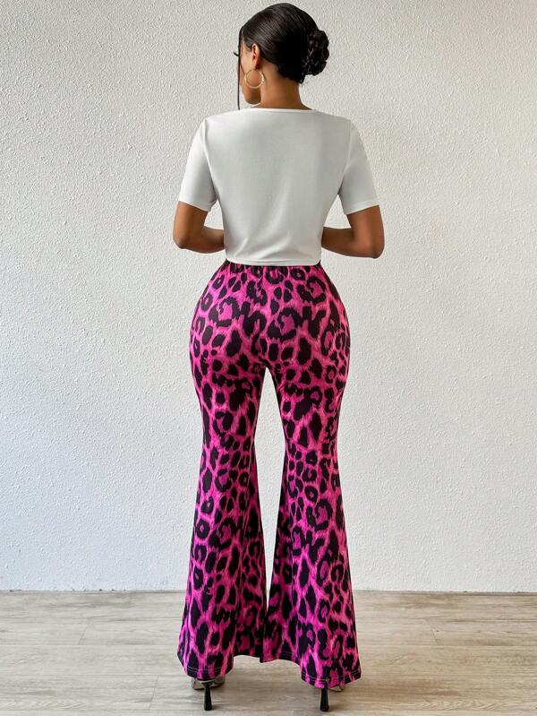 Slayr Women's Lips Printed Short Sleeve T-Shirt And Leopard Print Pants 2pcsSet
