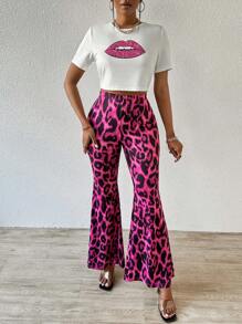 Slayr Women's Lips Printed Short Sleeve T-Shirt And Leopard Print Pants 2pcsSet