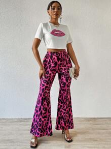 Slayr Women's Lips Printed Short Sleeve T-Shirt And Leopard Print Pants 2pcsSet