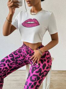 Slayr Women's Lips Printed Short Sleeve T-Shirt And Leopard Print Pants 2pcsSet