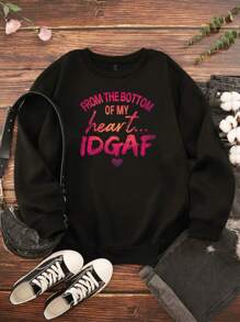 Women'S Plus Size Letter Printed Sweatshirt With Round Neck