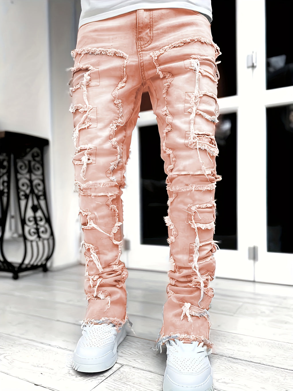 Men's Casual Raw Trim Jeans, Street Style Stretch Hip Hop Skinny Denim Pants