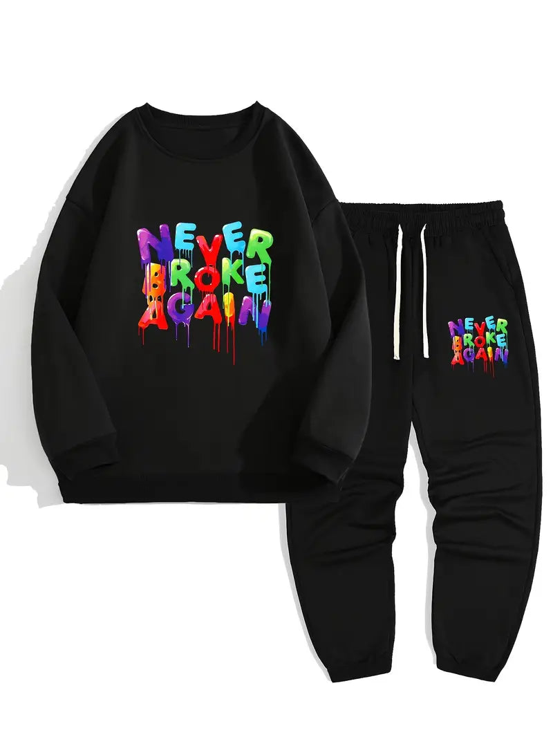 Men's Simple Style Casual Pajamas Sets, Letter NEVER BROKEN AGAIN Graphic Print Long Sleeve Crew Neck Sweatshirt Top & Loose Sweatpants Trendy Trousers With Pocket Drawstring Elastic , Outdoor Sets For Spring Autumn