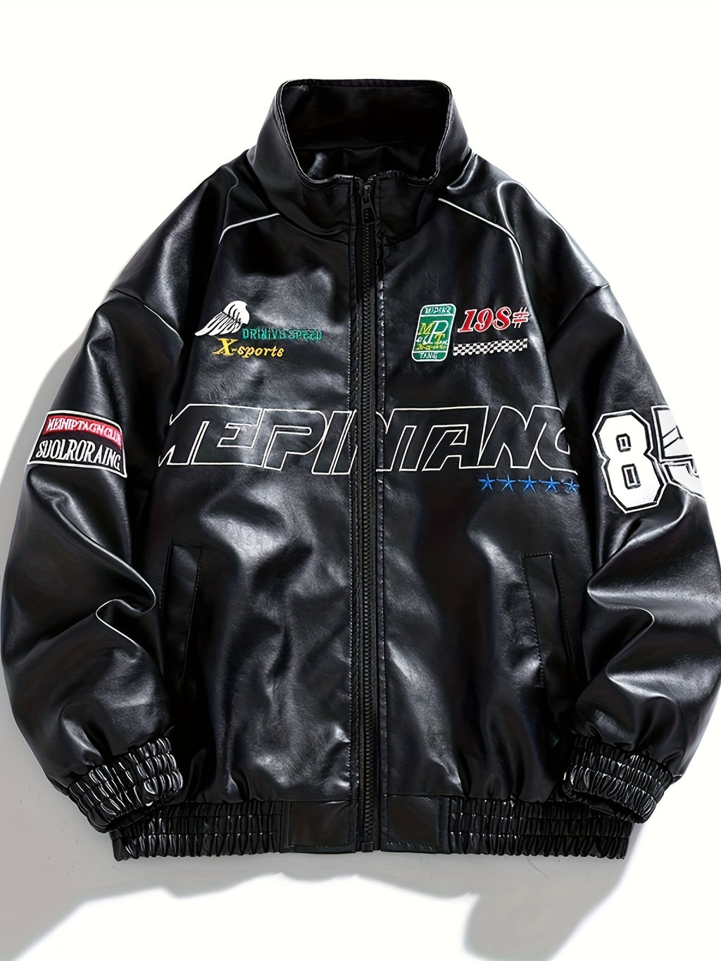 Men's Casual PU Leather Jacket, Chic Letter Print Stand Collar Street Style Jacket